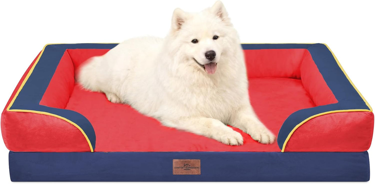 Comfort Expression Orthopedic Dog Bed for Extra Large Dogs with Bolster | Waterproof Dog Couch Bed with Washable Cover & Non-Slip Bottom, Supportive Egg Crate Foam XL Pet Bed, 42x30 Inch