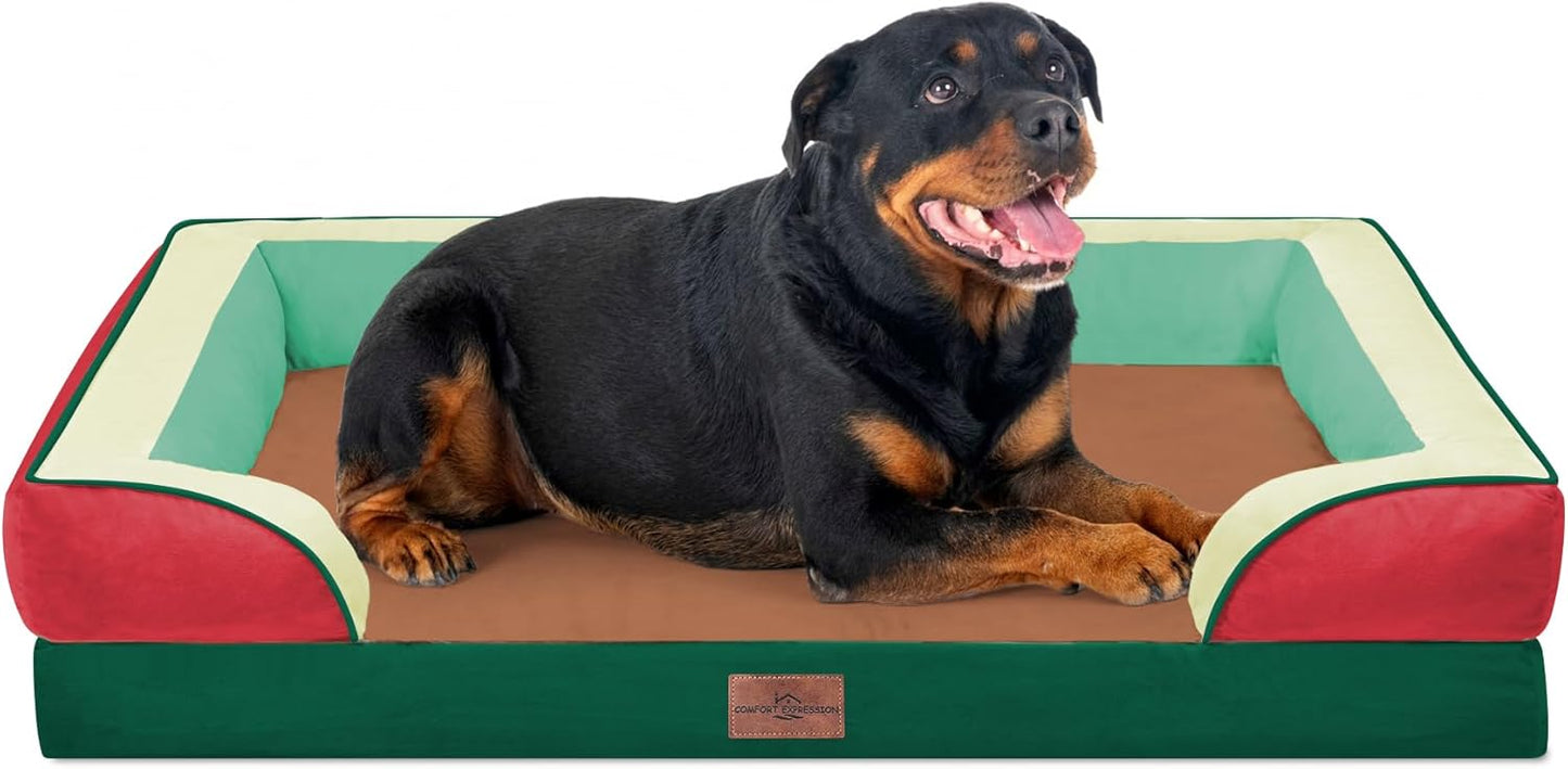 Comfort Expression Orthopedic Dog Bed for Extra Large Dogs with Bolster | Waterproof Dog Couch Bed with Washable Cover & Non-Slip Bottom, Supportive Egg Crate Foam XL Pet Bed, 42x30 Inch