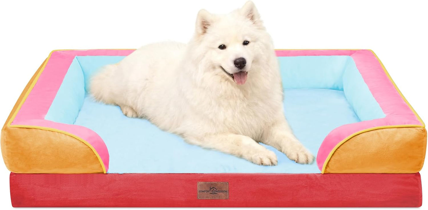 Comfort Expression Orthopedic Dog Bed for Extra Large Dogs with Bolster | Waterproof Dog Couch Bed with Washable Cover & Non-Slip Bottom, Supportive Egg Crate Foam XL Pet Bed, 42x30 Inch