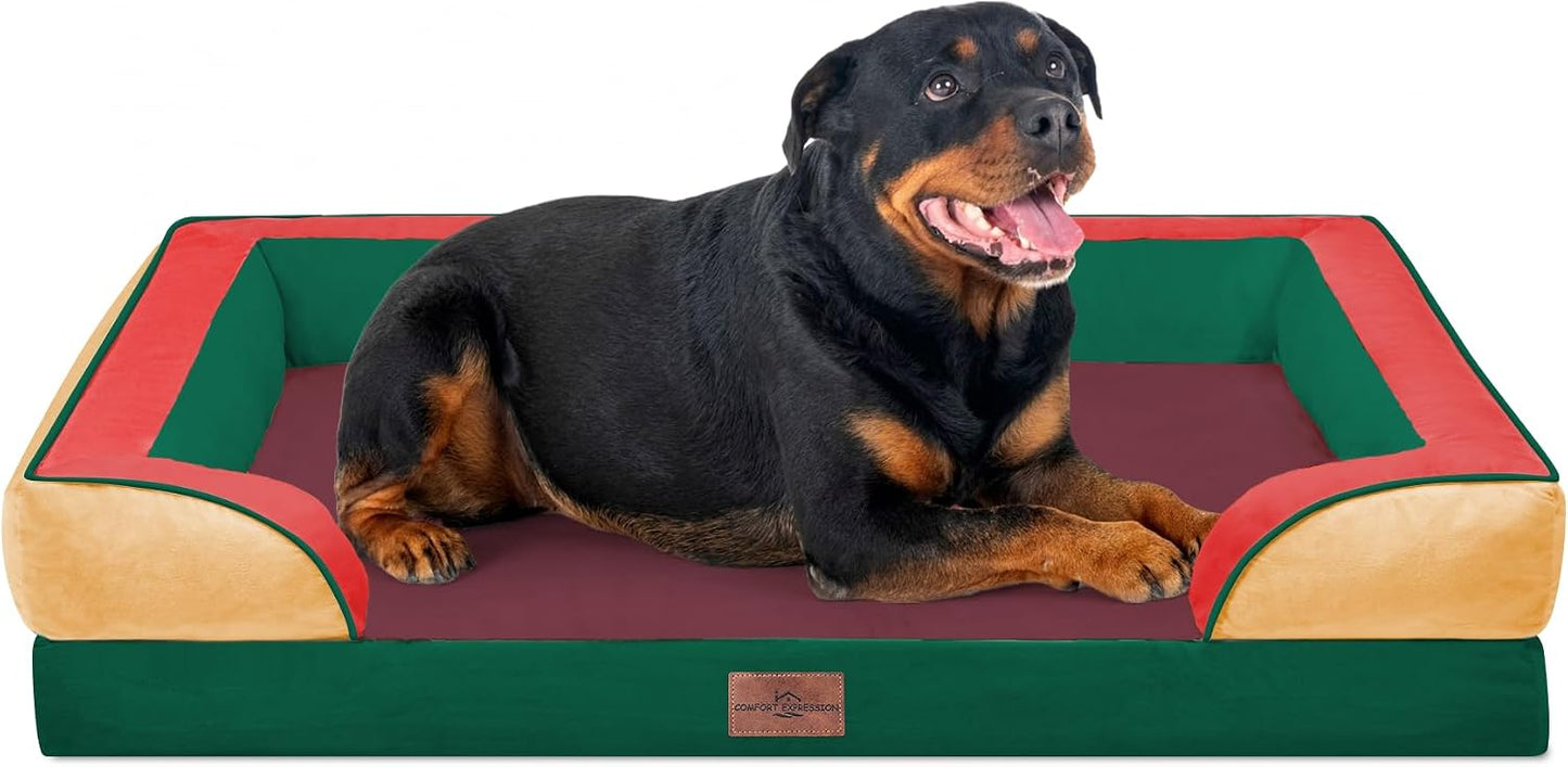 Comfort Expression Orthopedic Dog Bed for Extra Large Dogs with Bolster | Waterproof Dog Couch Bed with Washable Cover & Non-Slip Bottom, Supportive Egg Crate Foam XL Pet Bed, 42x30 Inch