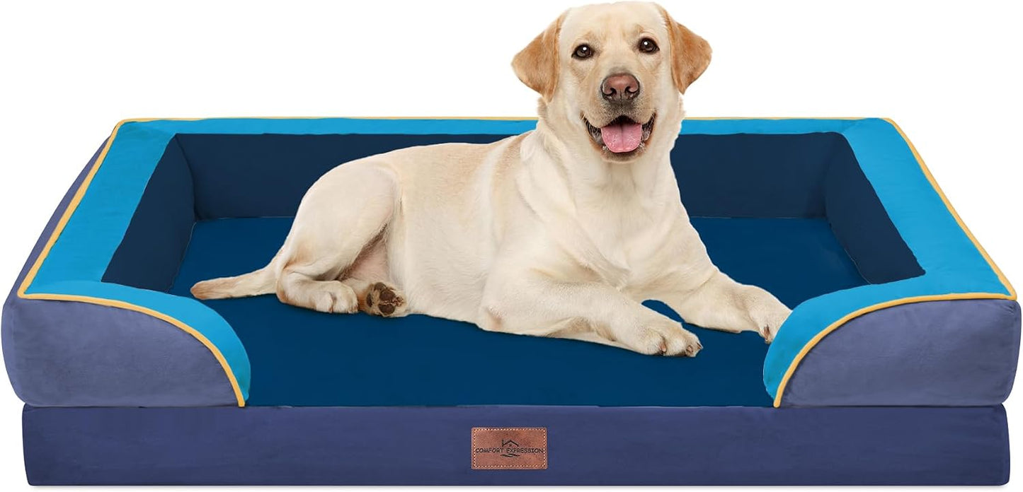Comfort Expression Orthopedic Dog Bed for Extra Large Dogs with Bolster | Waterproof Dog Couch Bed with Washable Cover & Non-Slip Bottom, Supportive Egg Crate Foam XL Pet Bed, 42x30 Inch