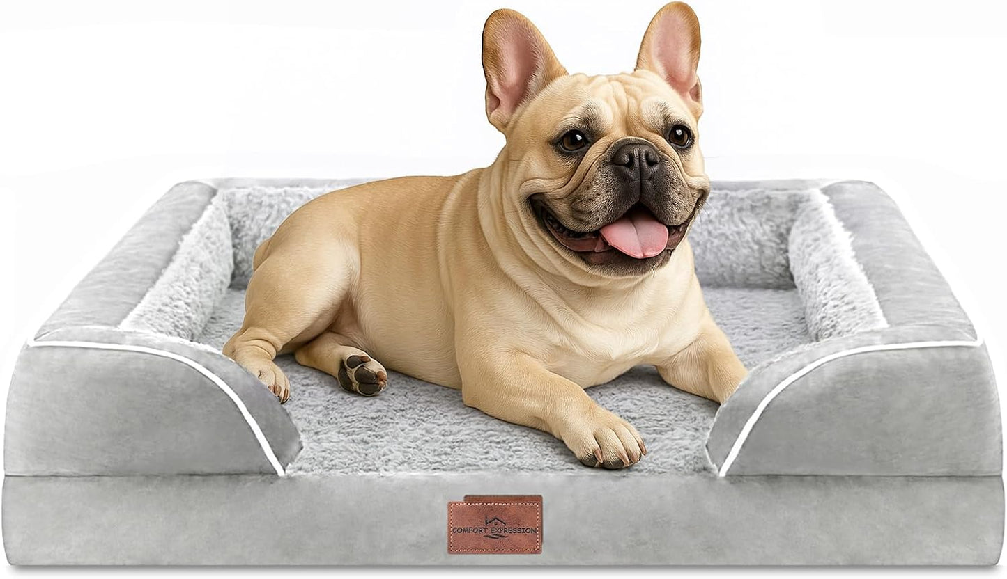Comfort Expression Orthopedic Dog Bed for Extra Large Dogs with Bolster | Waterproof Dog Couch Bed with Washable Cover & Non-Slip Bottom, Supportive Egg Crate Foam XL Pet Bed, 42x30 Inch