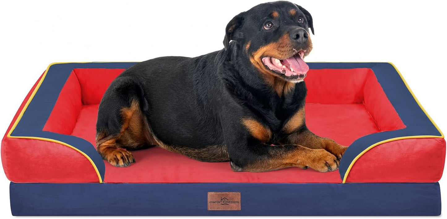 Comfort Expression Orthopedic Dog Bed for Extra Large Dogs with Bolster | Waterproof Dog Couch Bed with Washable Cover & Non-Slip Bottom, Supportive Egg Crate Foam XL Pet Bed, 42x30 Inch