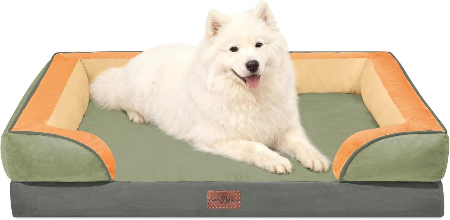 Comfort Expression Orthopedic Dog Bed for Extra Large Dogs with Bolster | Waterproof Dog Couch Bed with Washable Cover & Non-Slip Bottom, Supportive Egg Crate Foam XL Pet Bed, 42x30 Inch