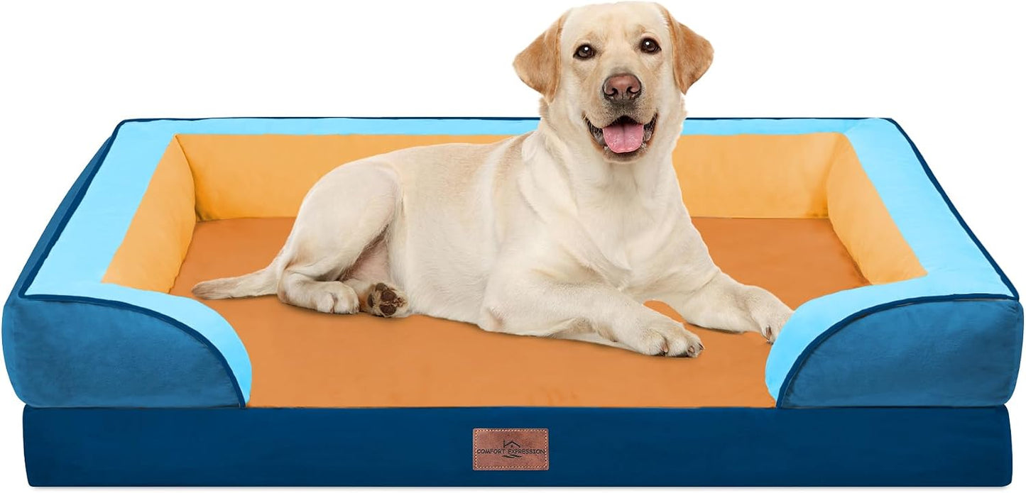 Comfort Expression Orthopedic Dog Bed for Extra Large Dogs with Bolster | Waterproof Dog Couch Bed with Washable Cover & Non-Slip Bottom, Supportive Egg Crate Foam XL Pet Bed, 42x30 Inch