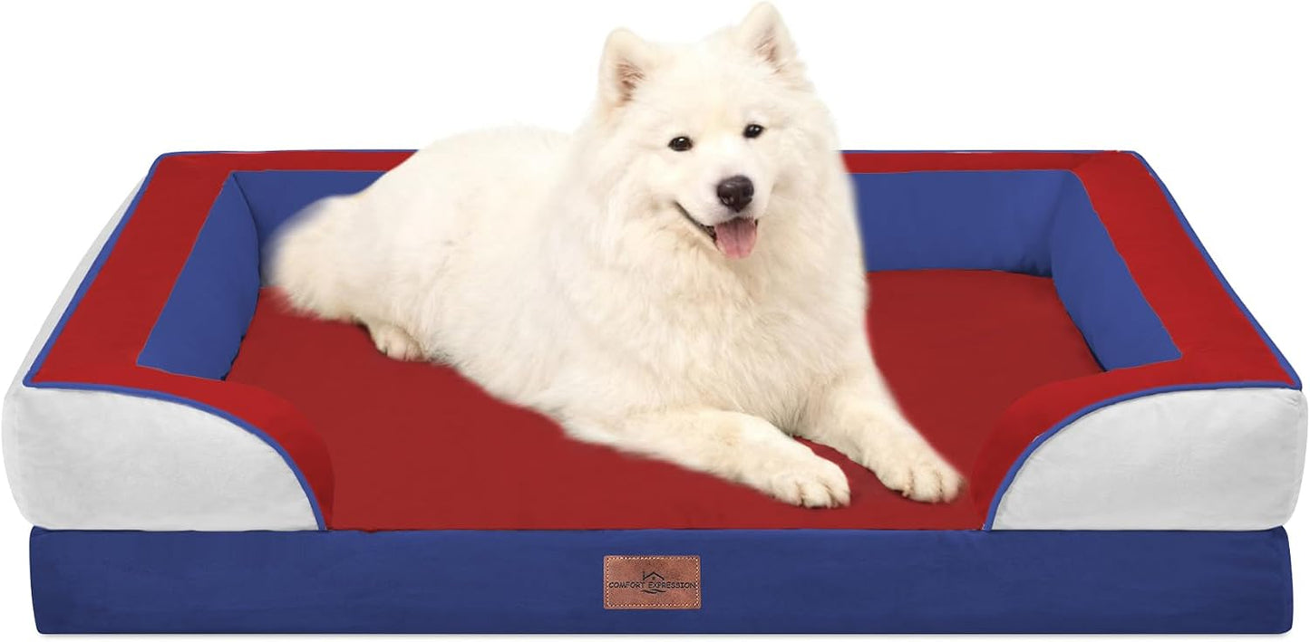 Comfort Expression Orthopedic Dog Bed for Extra Large Dogs with Bolster | Waterproof Dog Couch Bed with Washable Cover & Non-Slip Bottom, Supportive Egg Crate Foam XL Pet Bed, 42x30 Inch