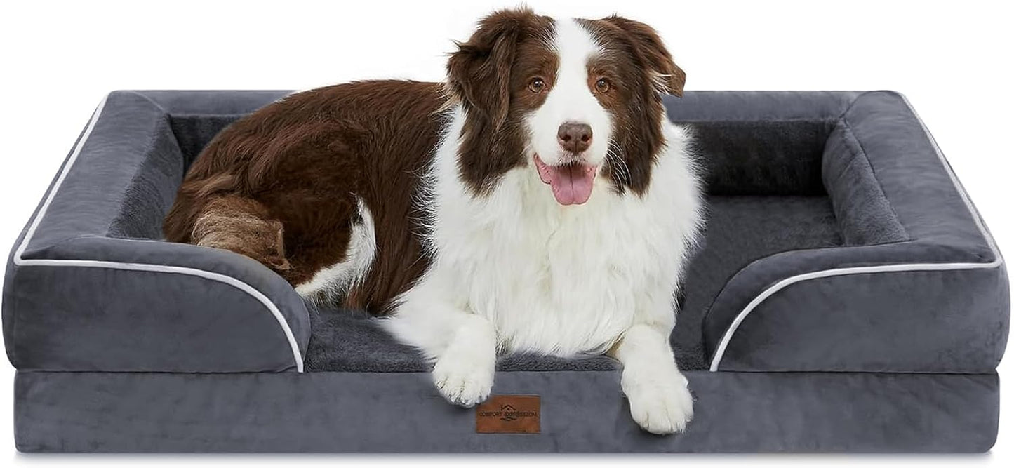 Comfort Expression Orthopedic Dog Bed for Extra Large Dogs with Bolster | Waterproof Dog Couch Bed with Washable Cover & Non-Slip Bottom, Supportive Egg Crate Foam XL Pet Bed, 42x30 Inch