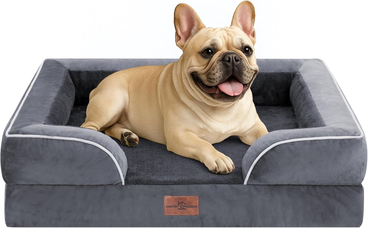 Comfort Expression Orthopedic Dog Bed for Extra Large Dogs with Bolster | Waterproof Dog Couch Bed with Washable Cover & Non-Slip Bottom, Supportive Egg Crate Foam XL Pet Bed, 42x30 Inch