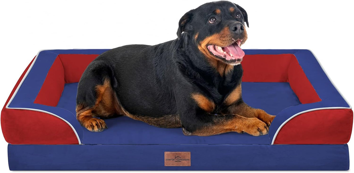 Comfort Expression Orthopedic Dog Bed for Extra Large Dogs with Bolster | Waterproof Dog Couch Bed with Washable Cover & Non-Slip Bottom, Supportive Egg Crate Foam XL Pet Bed, 42x30 Inch