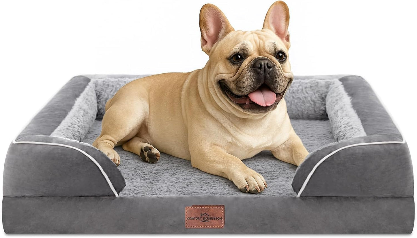 Comfort Expression Orthopedic Dog Bed for Extra Large Dogs with Bolster | Waterproof Dog Couch Bed with Washable Cover & Non-Slip Bottom, Supportive Egg Crate Foam XL Pet Bed, 42x30 Inch