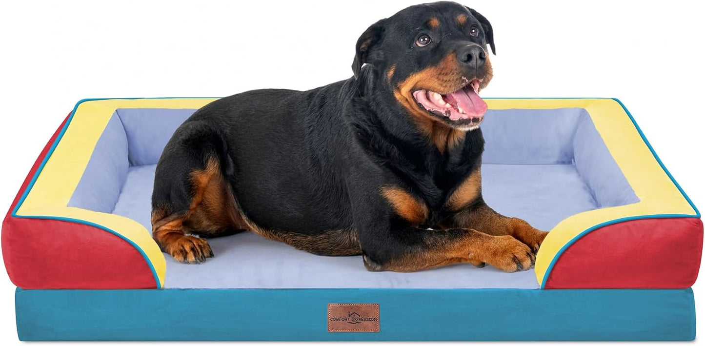 Comfort Expression Orthopedic Dog Bed for Extra Large Dogs with Bolster | Waterproof Dog Couch Bed with Washable Cover & Non-Slip Bottom, Supportive Egg Crate Foam XL Pet Bed, 42x30 Inch