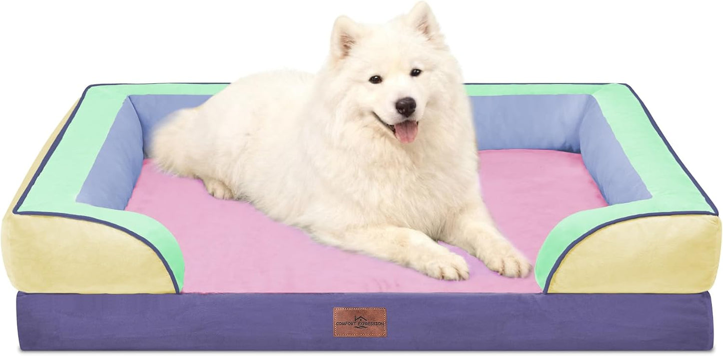 Comfort Expression Orthopedic Dog Bed for Extra Large Dogs with Bolster | Waterproof Dog Couch Bed with Washable Cover & Non-Slip Bottom, Supportive Egg Crate Foam XL Pet Bed, 42x30 Inch