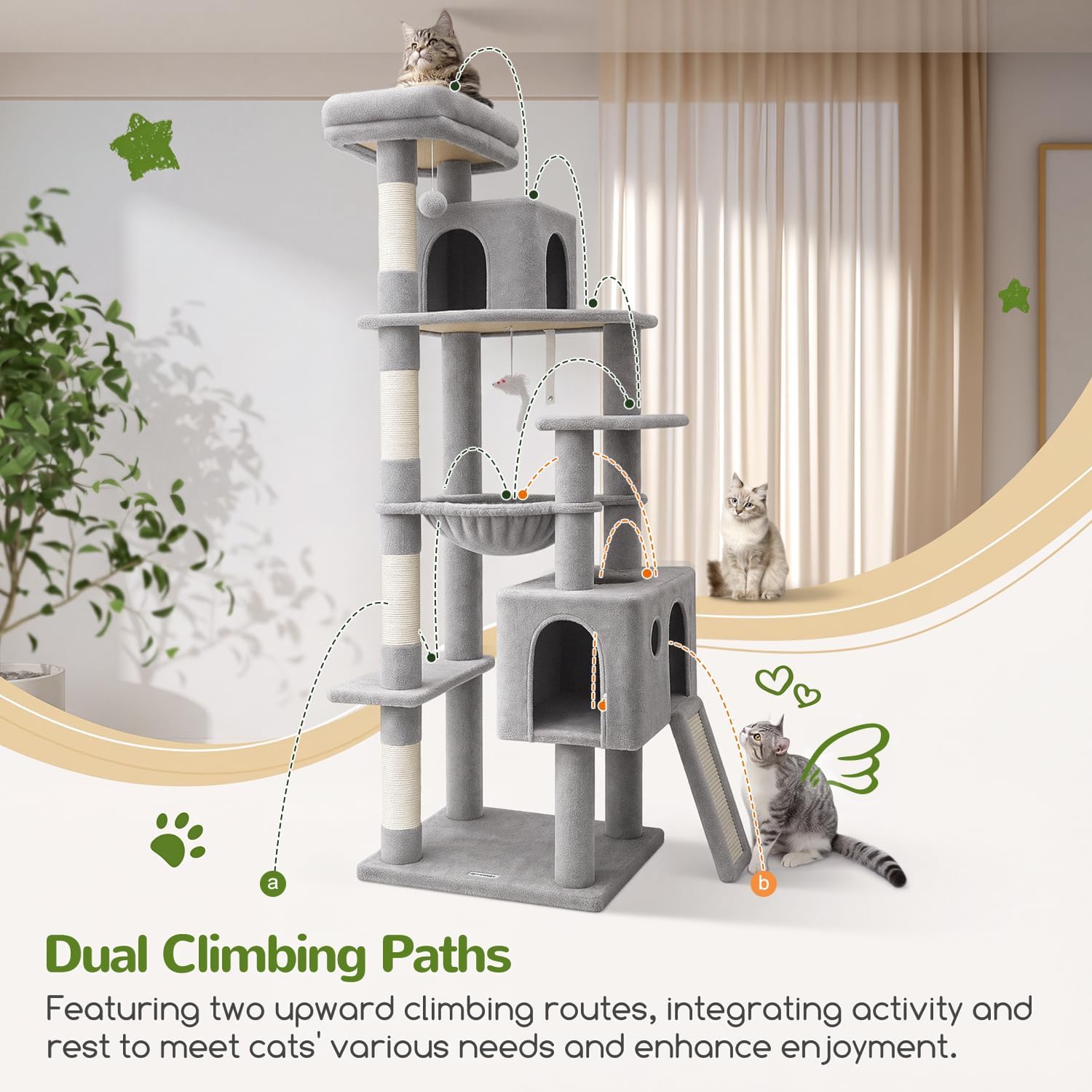 Globlazer Heavy Duty Cat Tree, 70 inch Sturdy Cat Tree for Indoor Cats Extra Large Cat Tower with Scratching Post, Hammock, Cat Condo for Adult Cats Kittens, F70 Pro, Light Grey | Product image 5