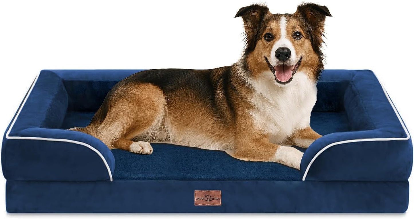 Comfort Expression Orthopedic Dog Bed for Extra Large Dogs with Bolster | Waterproof Dog Couch Bed with Washable Cover & Non-Slip Bottom, Supportive Egg Crate Foam XL Pet Bed, 42x30 Inch