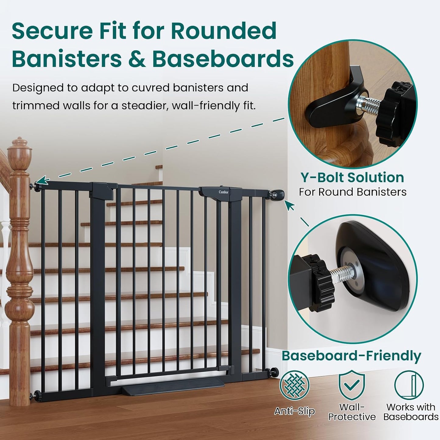 Cumbor 30-46" Baby Gate for Stairs, Auto Close Dog Gate for the House Black | Easy Install Pressure Mounted Pet Gates for Doorway, Dual Lock Indoor Safety Gate for Baby & Dog, Mom's Choice Awards Winner | Product image 2