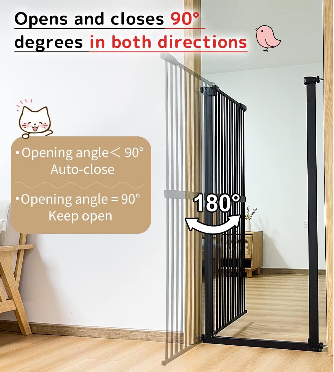 Lumizone 61.02" Extra Tall Pet Gate for Cat Dog 30.12"-59.24" Wide Black | Extra Tall Cat Gate for Doorway Hallway Stairs Pressure Mounted 1.37" Gap No Drilling Auto-Close Dual-Lock | Product image 7