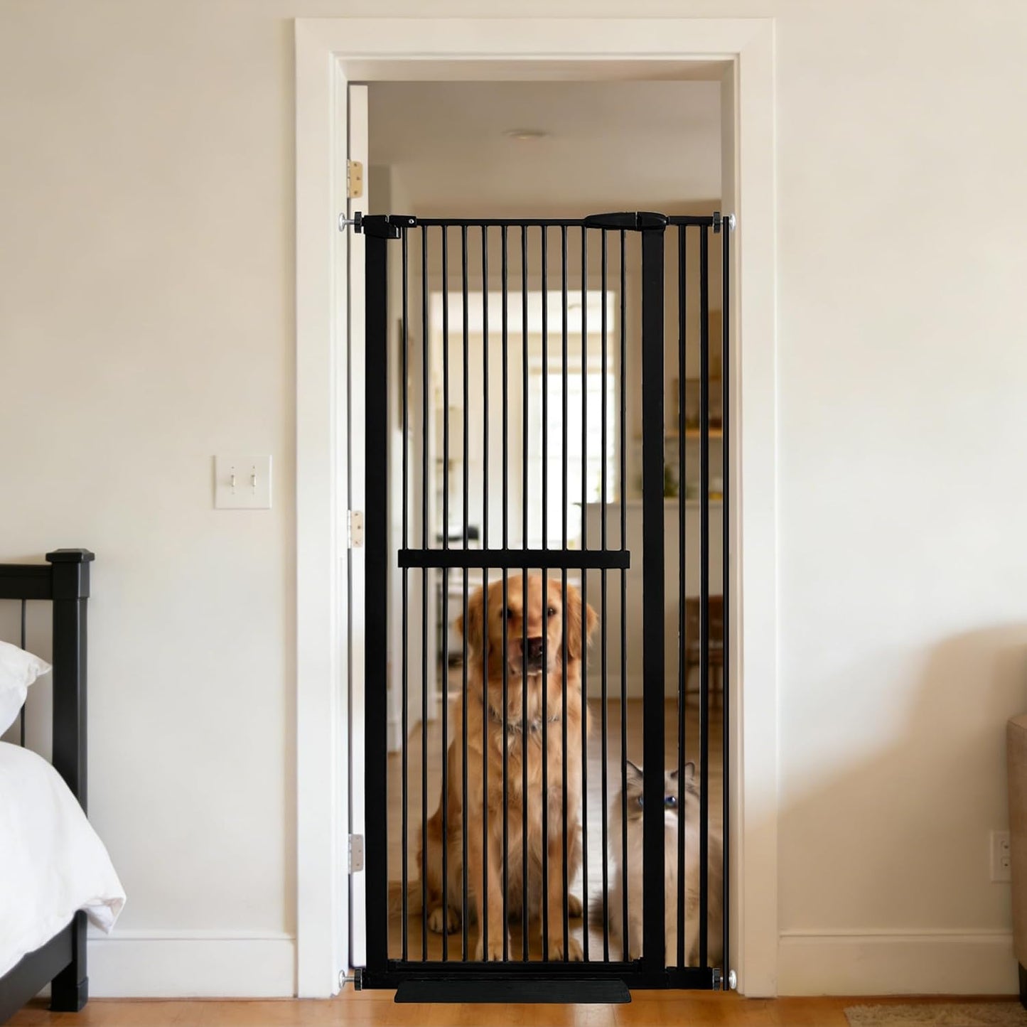 61.02" Extra Tall Pet Gate for Cat Dog 30.12"-59.24" Wide Black | Extra Tall Cat Gate for Doorway Hallway Stairs Pressure Mounted 1.37" Gap No Drilling Auto-Close Dual-Lock