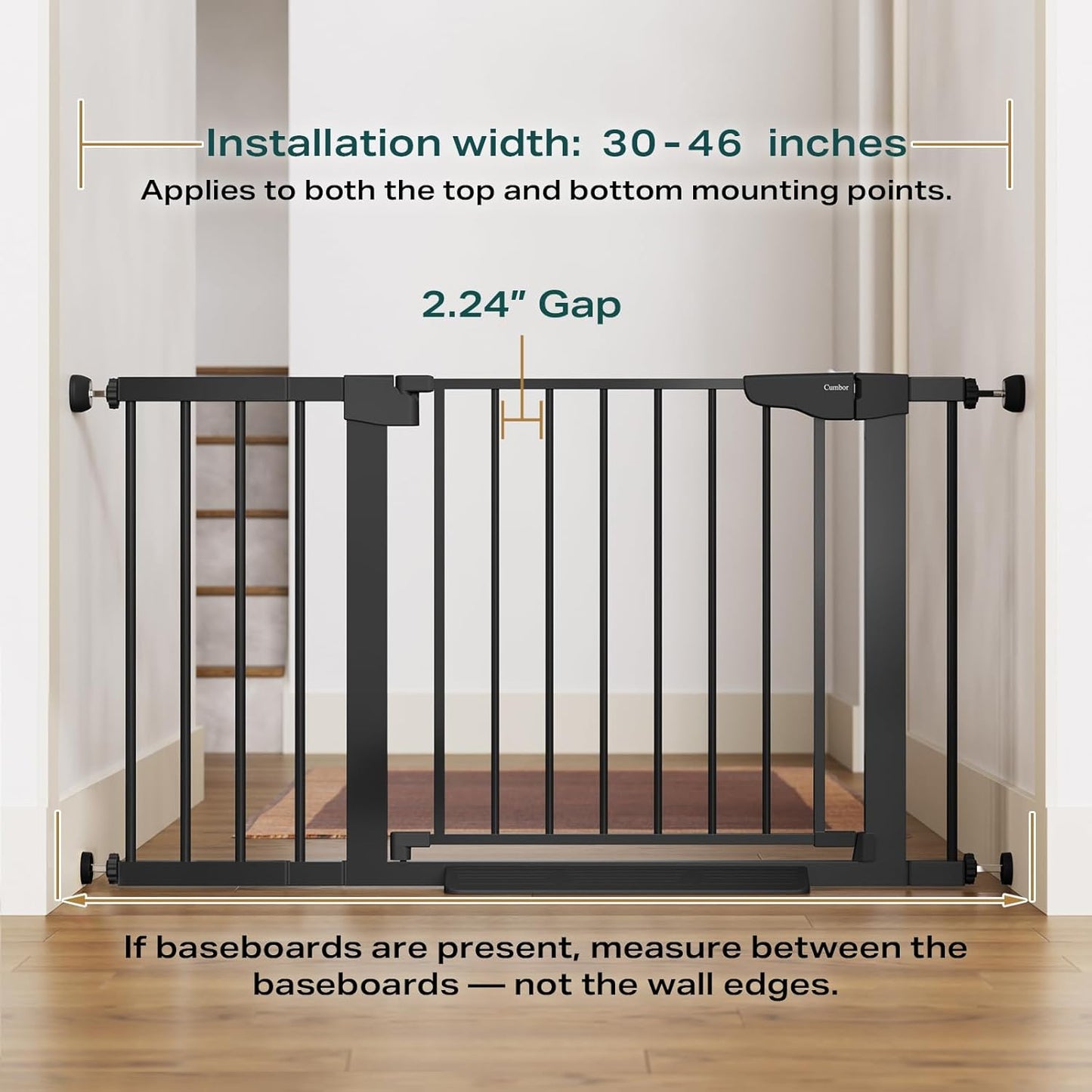 Cumbor 30-46" Baby Gate for Stairs, Auto Close Dog Gate for the House Black | Easy Install Pressure Mounted Pet Gates for Doorway, Dual Lock Indoor Safety Gate for Baby & Dog, Mom's Choice Awards Winner | Product image 5
