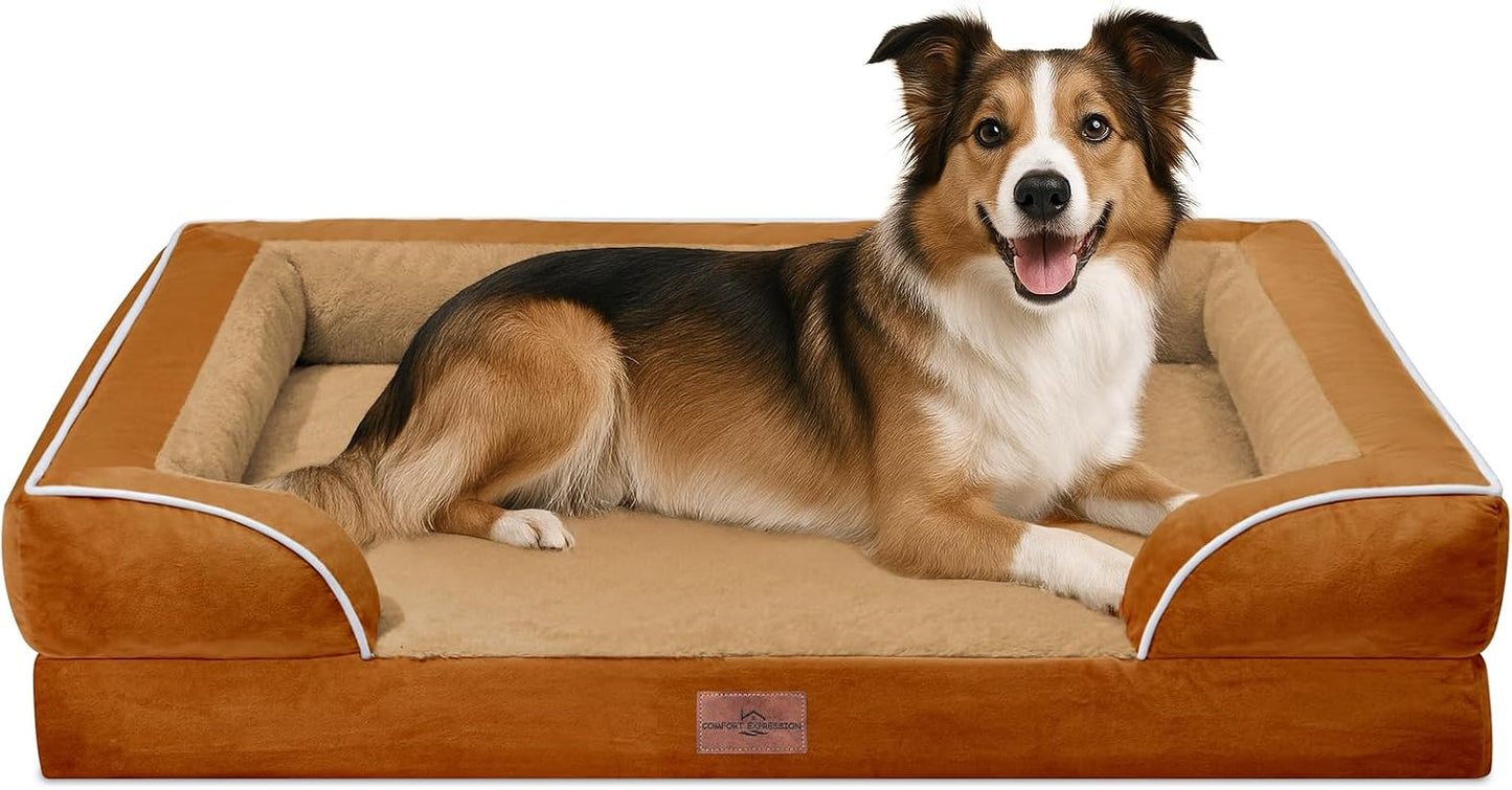 Comfort Expression Orthopedic Dog Bed for Extra Large Dogs with Bolster | Waterproof Dog Couch Bed with Washable Cover & Non-Slip Bottom, Supportive Egg Crate Foam XL Pet Bed, 42x30 Inch