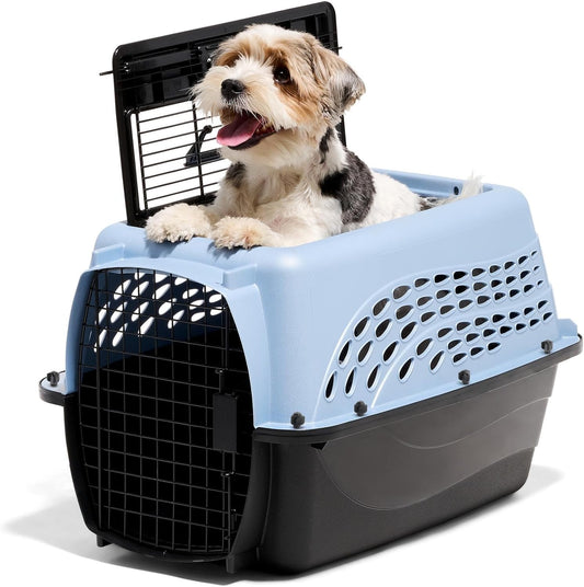 Petmate Dog Crates for Small Dogs & Cat Carriers, Two-Door Plastic Pet Kennel, Top & Front Loading, Made in USA, 24", Blue | Plastic pet kennel made in USA, for small pups and kittens, dual entry design, great for travel and vet trips, easy access | 24.1"L x 16.8"W x 14.5"H / BLUE / Two-door | Main product image