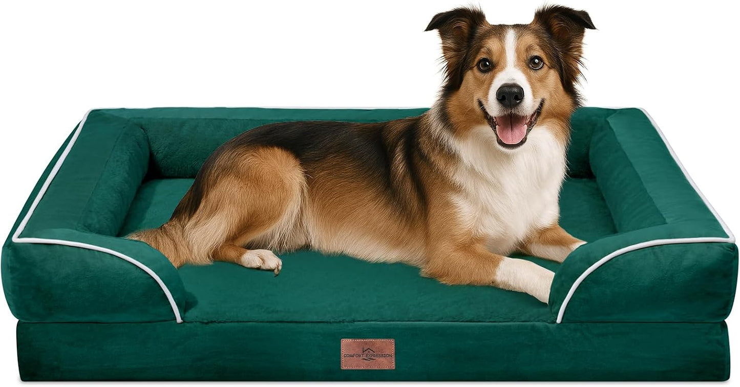 Comfort Expression Orthopedic Dog Bed for Extra Large Dogs with Bolster | Waterproof Dog Couch Bed with Washable Cover & Non-Slip Bottom, Supportive Egg Crate Foam XL Pet Bed, 42x30 Inch