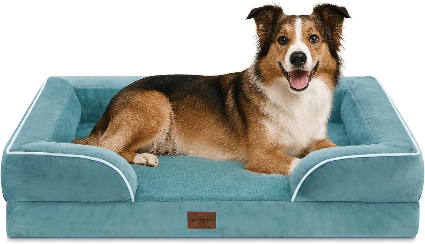 Comfort Expression Orthopedic Dog Bed for Extra Large Dogs with Bolster | Waterproof Dog Couch Bed with Washable Cover & Non-Slip Bottom, Supportive Egg Crate Foam XL Pet Bed, 42x30 Inch