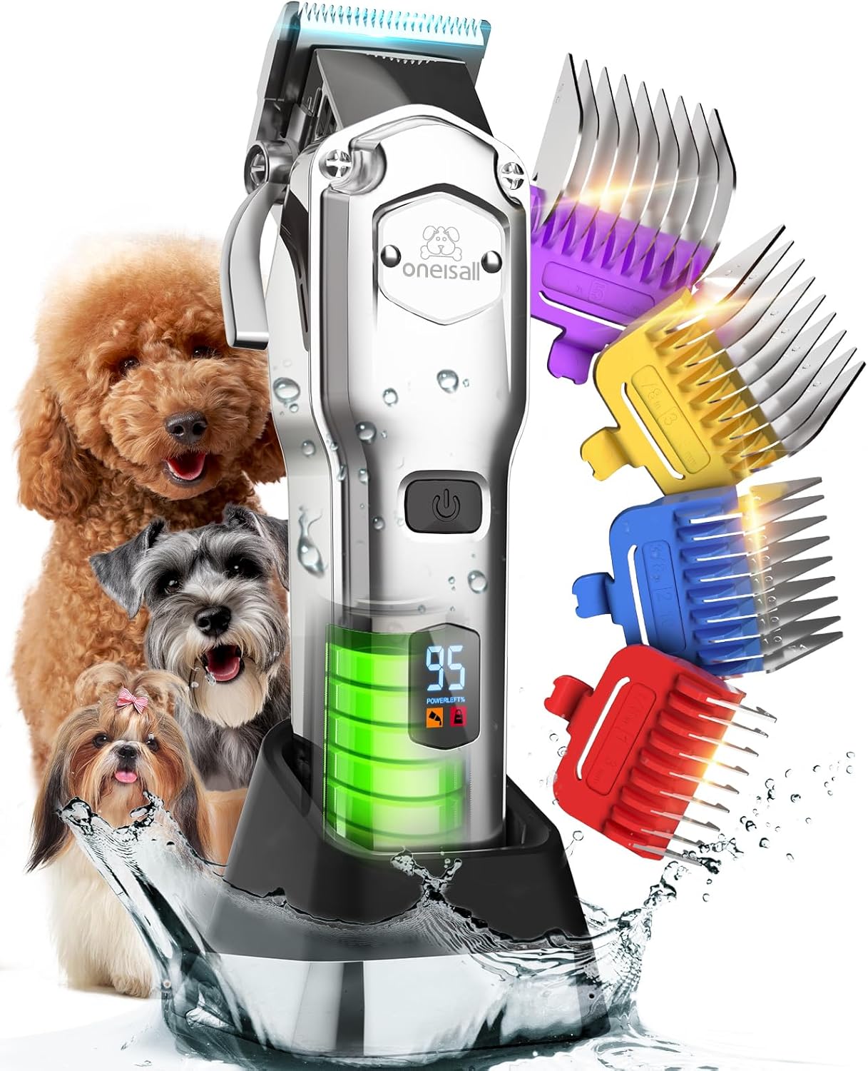 oneisall Professional Dog Grooming Clippers for Thick Hair | 4 Metal Combs,Stainless Steel Blades,Rechargeable Cordless,Low Noise,4H Runtime,IPX7 Waterproof,LED Display,676PRO | Silver Pro Dog Clipper | Main product image