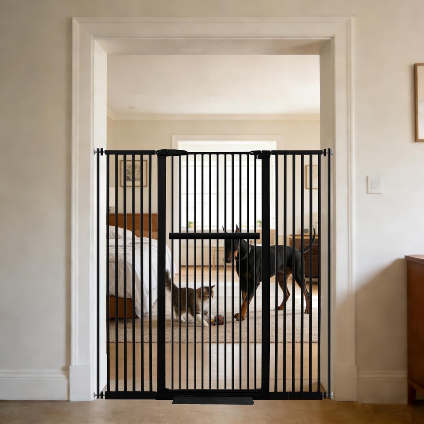 61.02" Extra Tall Pet Gate for Cat Dog 30.12"-59.24" Wide Black | Extra Tall Cat Gate for Doorway Hallway Stairs Pressure Mounted 1.37" Gap No Drilling Auto-Close Dual-Lock