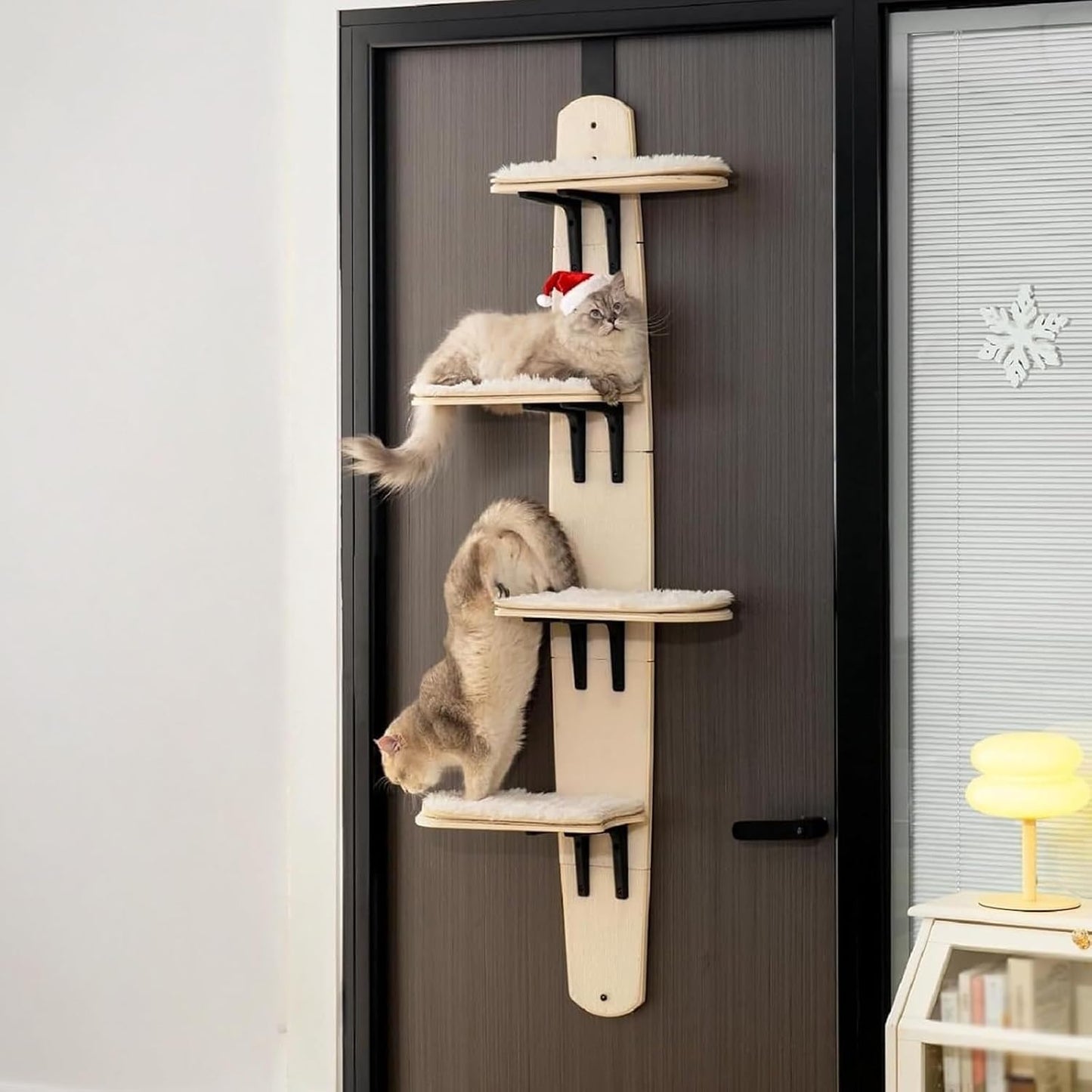 Door Hanging Cat Tree,Door Hanging Cat Shelf with Soft Mat,4-Levels Over The Door Cat Climber for Indoor Cats(Wooden-67.3" H X 23.2" L X 8.3" W) | Default Title | Main product image