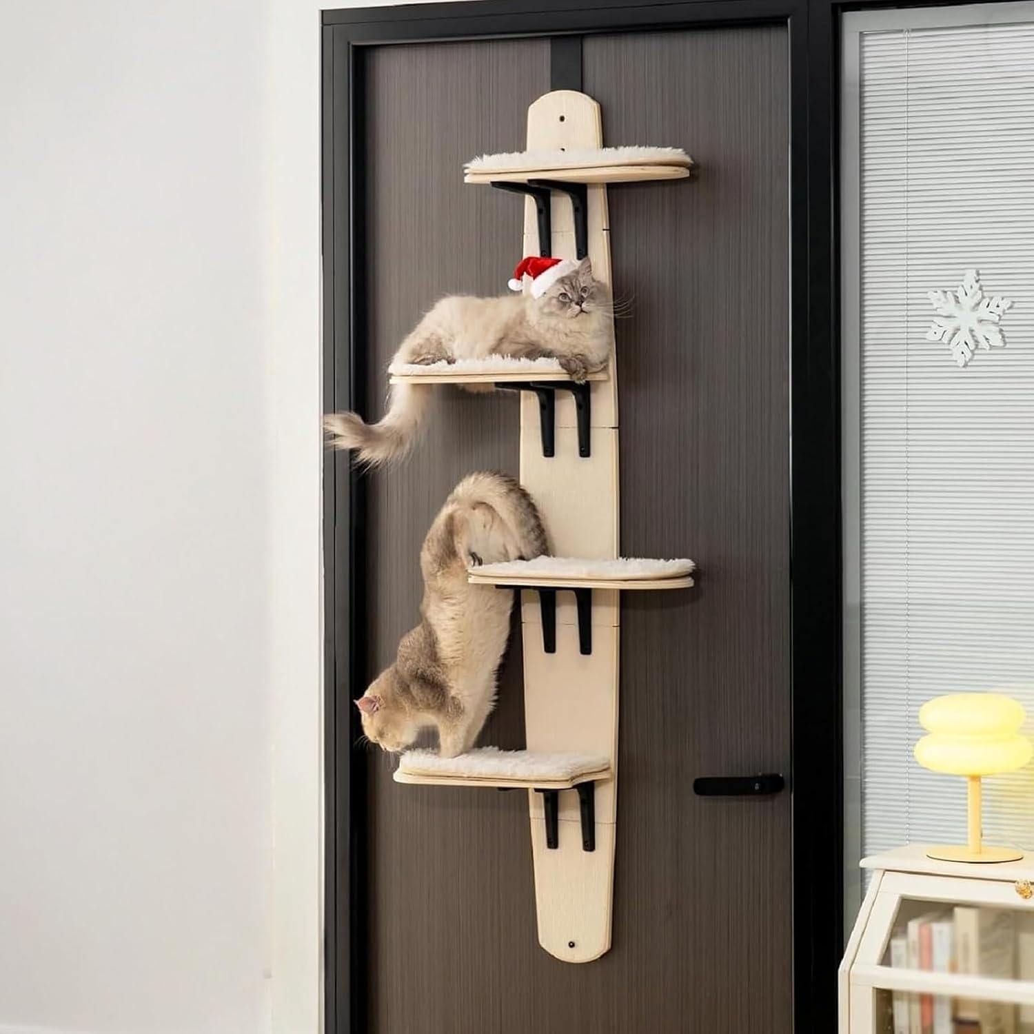 Door Hanging Cat Tree,Door Hanging Cat Shelf with Soft Mat,4-Levels Over The Door Cat Climber for Indoor Cats(Wooden-67.3" H X 23.2" L X 8.3" W) | Default Title | Main product image