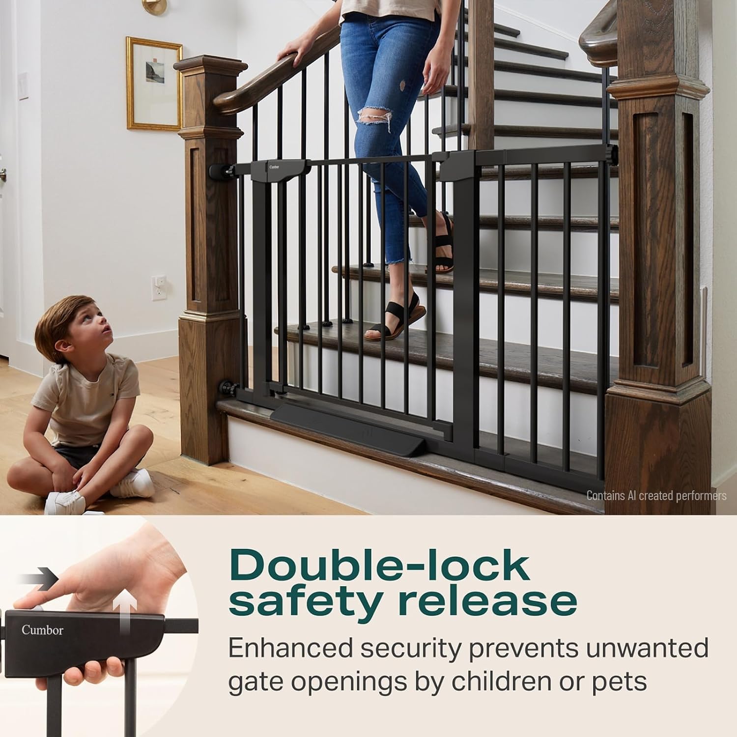 Cumbor 30-46" Baby Gate for Stairs, Auto Close Dog Gate for the House Black | Easy Install Pressure Mounted Pet Gates for Doorway, Dual Lock Indoor Safety Gate for Baby & Dog, Mom's Choice Awards Winner | Product image 4