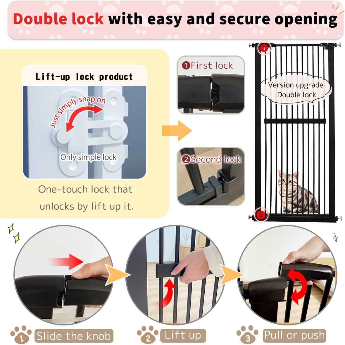 Lumizone 61.02" Extra Tall Pet Gate for Cat Dog 30.12"-59.24" Wide Black | Extra Tall Cat Gate for Doorway Hallway Stairs Pressure Mounted 1.37" Gap No Drilling Auto-Close Dual-Lock | Product image 8