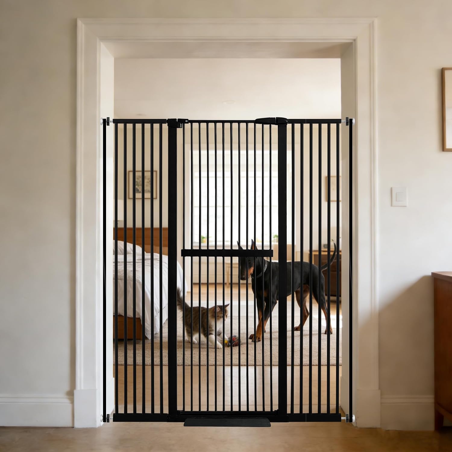 Lumizone 61.02" Extra Tall Pet Gate for Cat Dog 30.12"-59.24" Wide Black | Extra Tall Cat Gate for Doorway Hallway Stairs Pressure Mounted 1.37" Gap No Drilling Auto-Close Dual-Lock | 30.12"-59.24" W / 61.02" H-black | Main product image