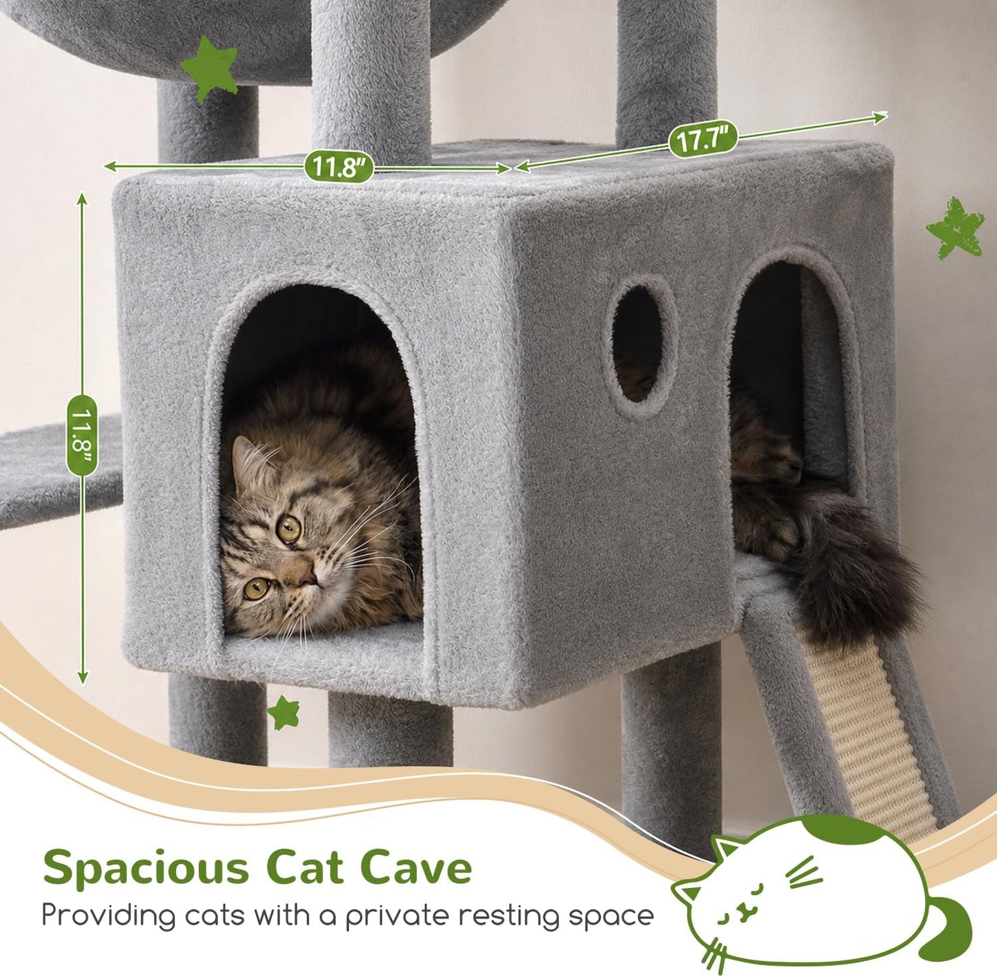 Globlazer Heavy Duty Cat Tree, 70 inch Sturdy Cat Tree for Indoor Cats Extra Large Cat Tower with Scratching Post, Hammock, Cat Condo for Adult Cats Kittens, F70 Pro, Light Grey | Product image 4