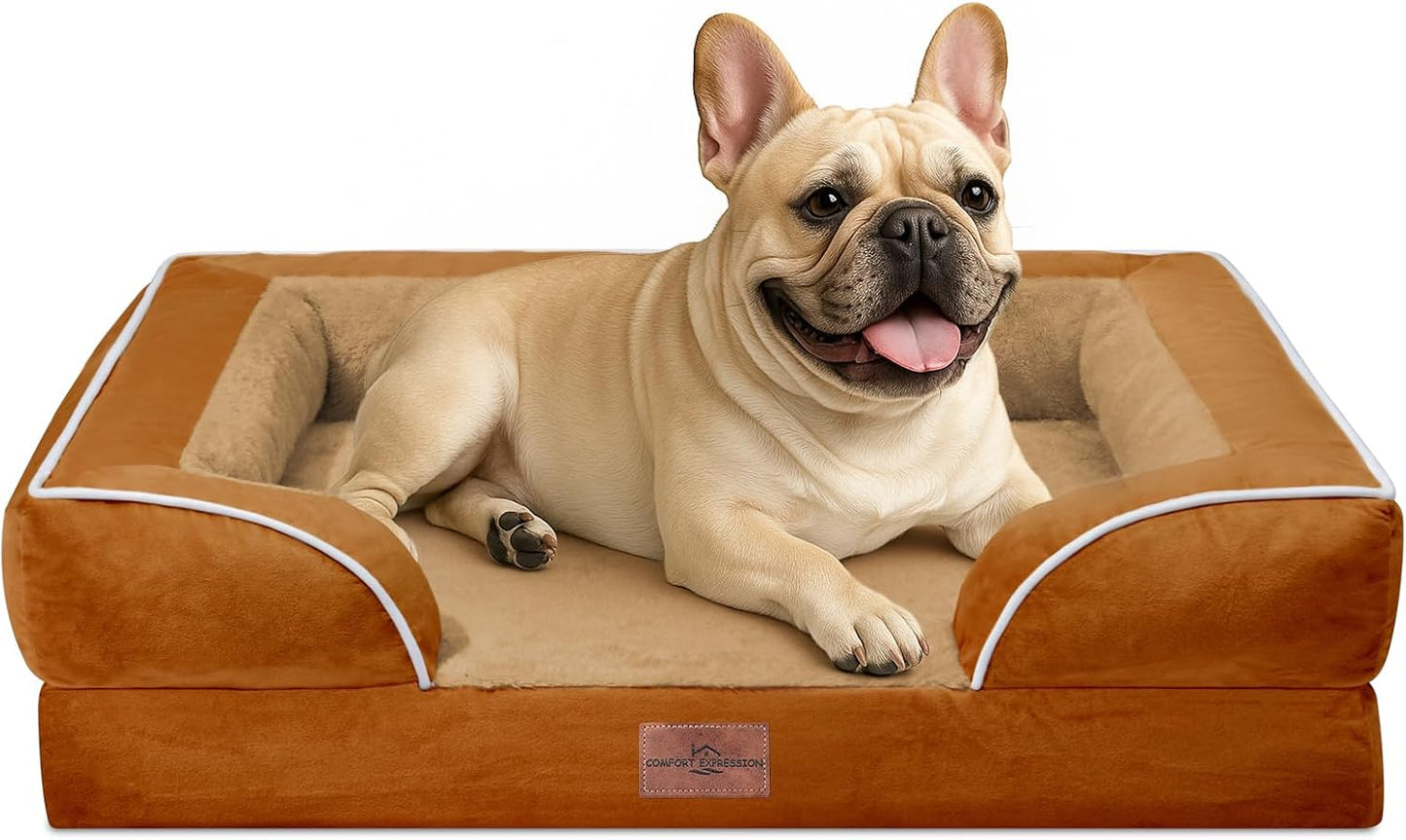 Comfort Expression Orthopedic Dog Bed for Extra Large Dogs with Bolster | Waterproof Dog Couch Bed with Washable Cover & Non-Slip Bottom, Supportive Egg Crate Foam XL Pet Bed, 42x30 Inch
