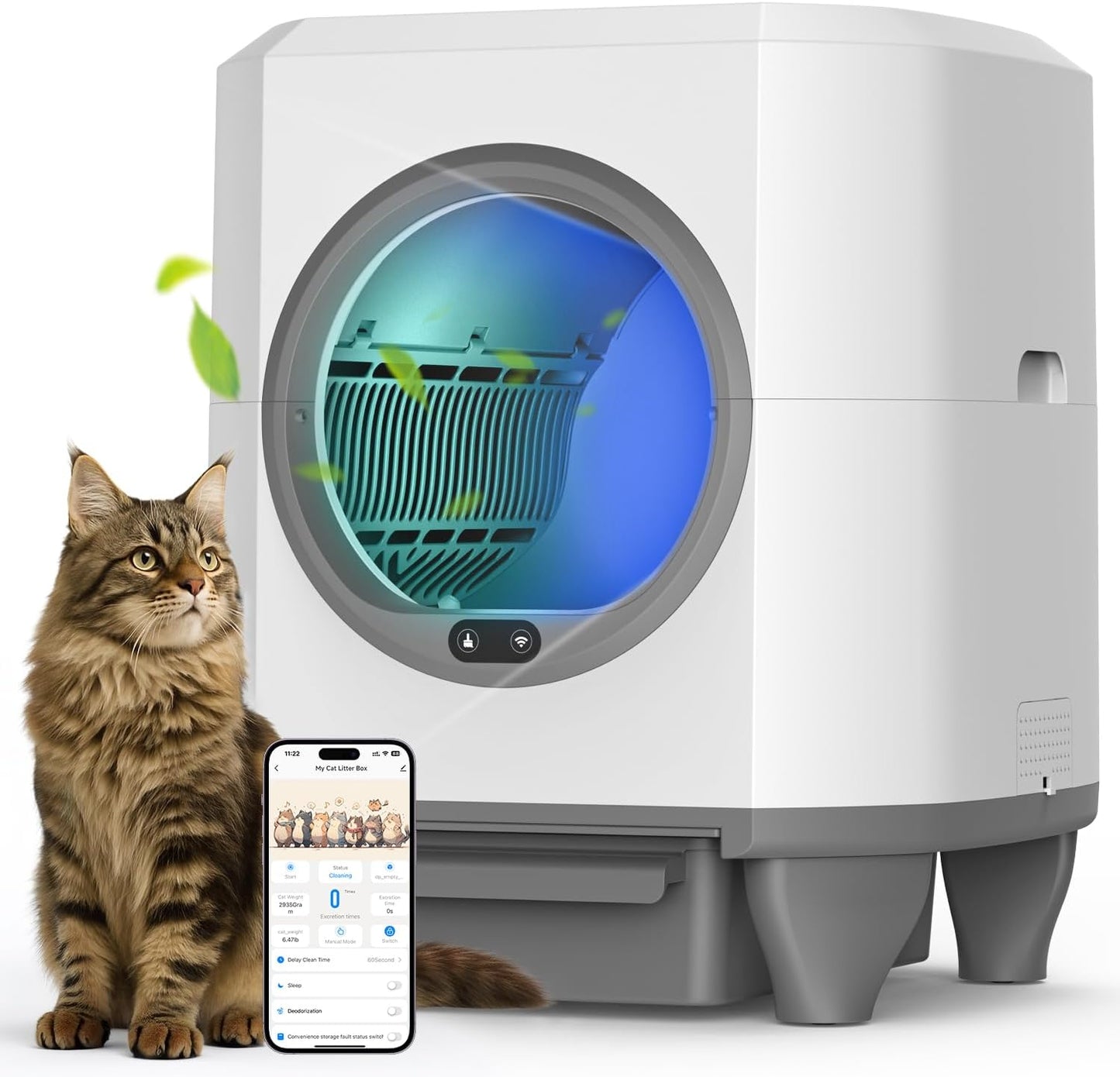 Self Cleaning Litter Box, Automatic Litter Box,Odor Control Robot, Cat Ears Design,APP Real-Time Monitor, Cat Litter-Boxs for Multiple Cats,Infrared Safety Sensor, with 1 Trash Bag