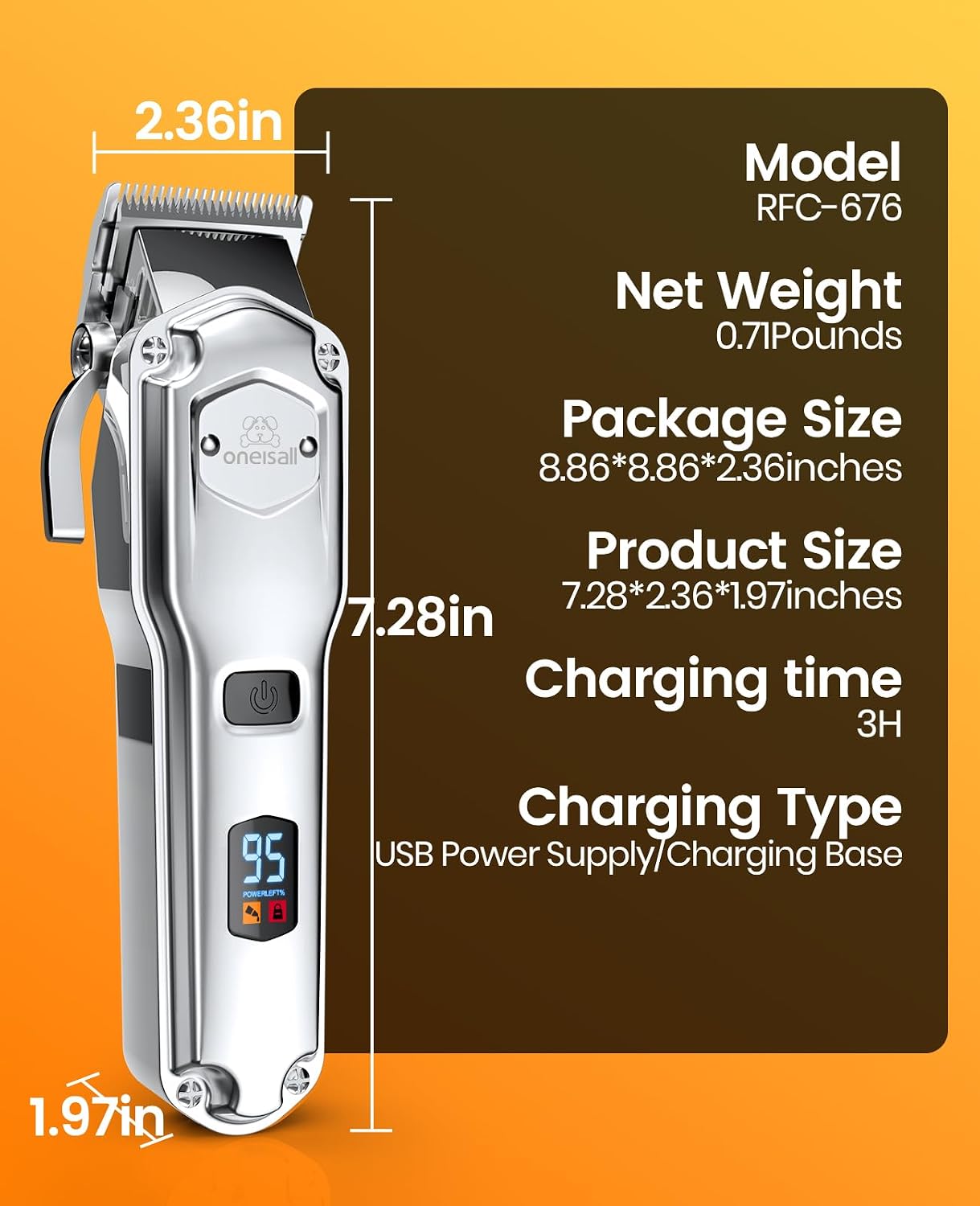 oneisall Professional Dog Grooming Clippers for Thick Hair | 4 Metal Combs,Stainless Steel Blades,Rechargeable Cordless,Low Noise,4H Runtime,IPX7 Waterproof,LED Display,676PRO | Product image 8