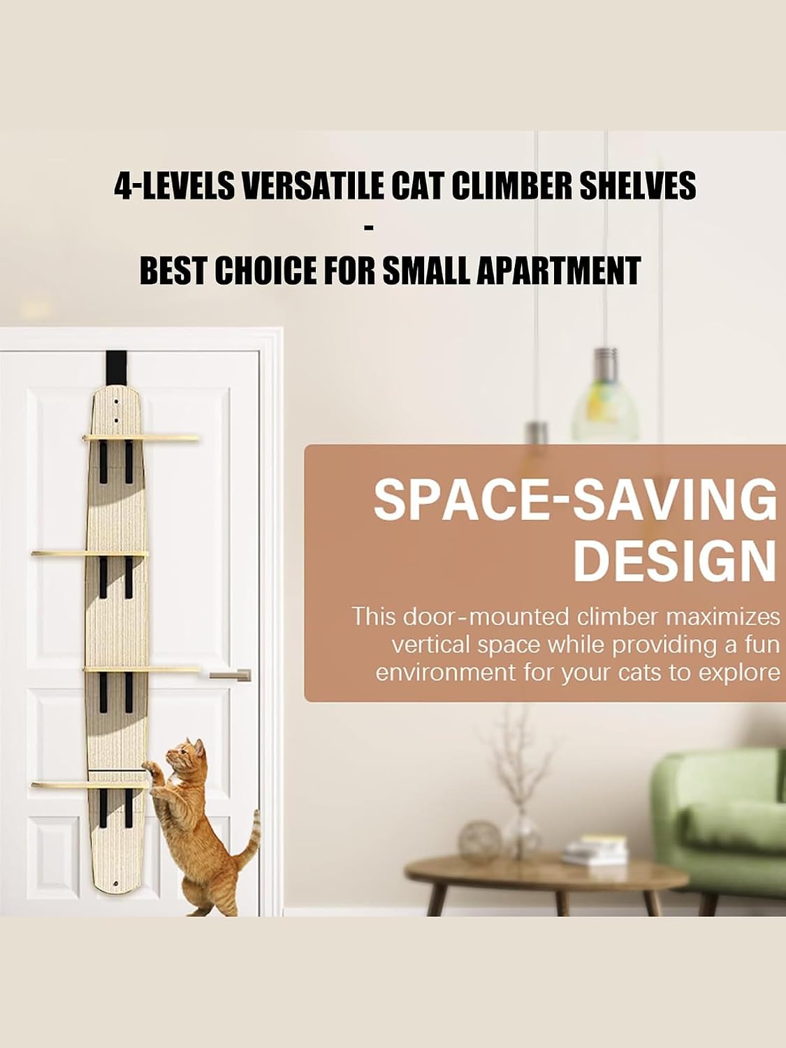 Door Hanging Cat Tree,Door Hanging Cat Shelf with Soft Mat,4-Levels Over The Door Cat Climber for Indoor Cats(Wooden-67.3" H X 23.2" L X 8.3" W) | Product image 7