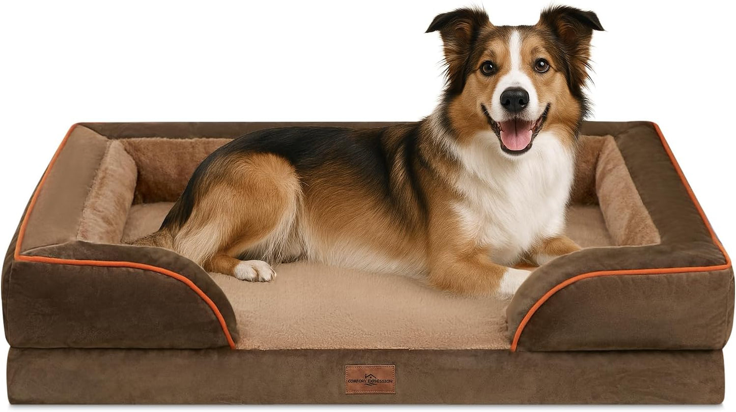Comfort Expression Orthopedic Dog Bed for Extra Large Dogs with Bolster | Waterproof Dog Couch Bed with Washable Cover & Non-Slip Bottom, Supportive Egg Crate Foam XL Pet Bed, 42x30 Inch