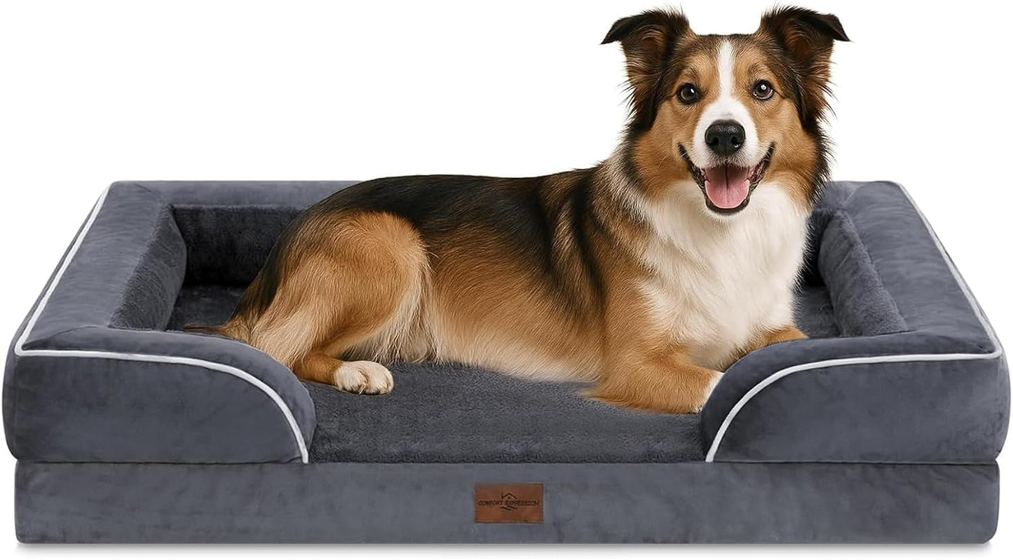 Comfort Expression Orthopedic Dog Bed for Extra Large Dogs with Bolster | Waterproof Dog Couch Bed with Washable Cover & Non-Slip Bottom, Supportive Egg Crate Foam XL Pet Bed, 42x30 Inch