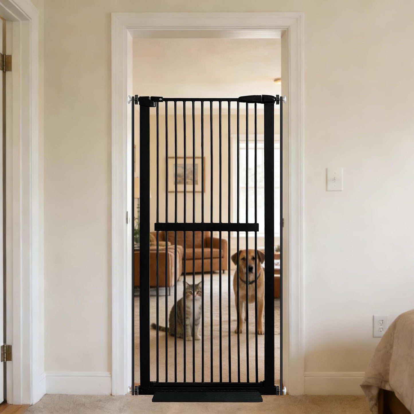 61.02" Extra Tall Pet Gate for Cat Dog 30.12"-59.24" Wide Black | Extra Tall Cat Gate for Doorway Hallway Stairs Pressure Mounted 1.37" Gap No Drilling Auto-Close Dual-Lock