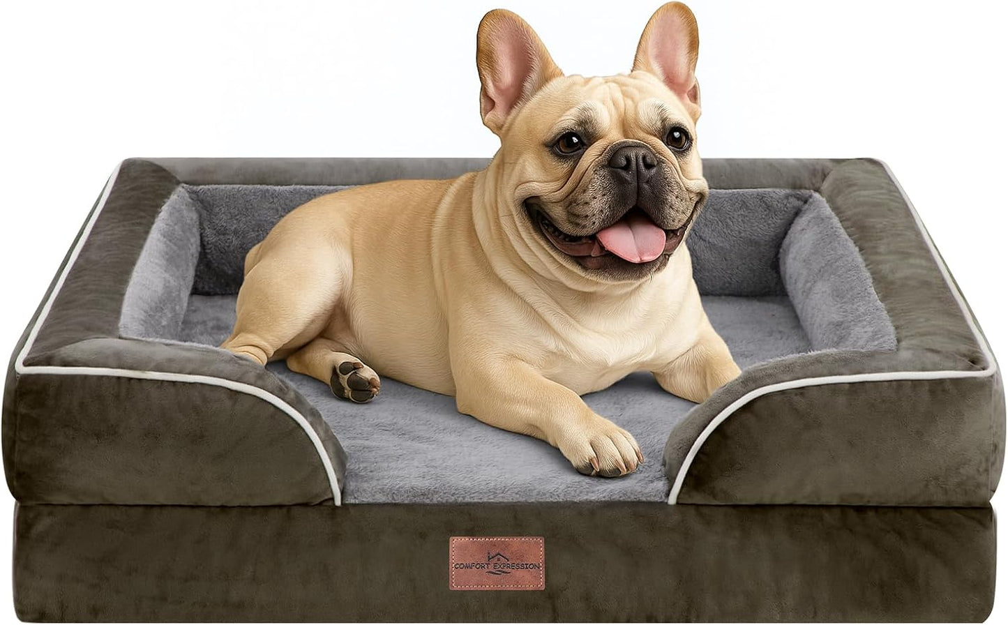 Comfort Expression Orthopedic Dog Bed for Extra Large Dogs with Bolster | Waterproof Dog Couch Bed with Washable Cover & Non-Slip Bottom, Supportive Egg Crate Foam XL Pet Bed, 42x30 Inch