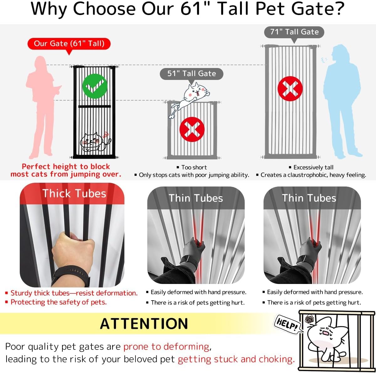 Lumizone 61.02" Extra Tall Pet Gate for Cat Dog 30.12"-59.24" Wide Black | Extra Tall Cat Gate for Doorway Hallway Stairs Pressure Mounted 1.37" Gap No Drilling Auto-Close Dual-Lock | Product image 3
