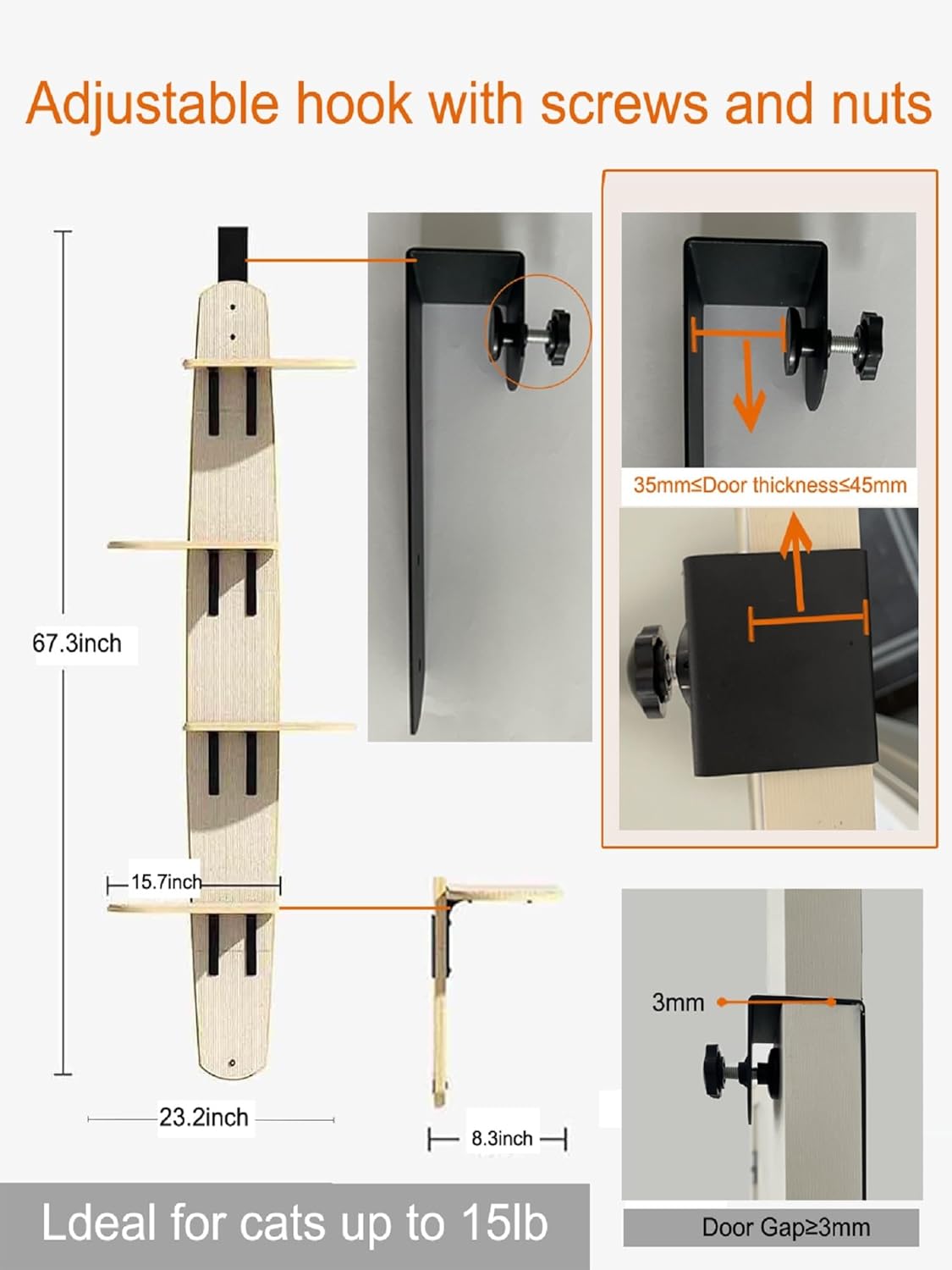 Door Hanging Cat Tree,Door Hanging Cat Shelf with Soft Mat,4-Levels Over The Door Cat Climber for Indoor Cats(Wooden-67.3" H X 23.2" L X 8.3" W) | Product image 2