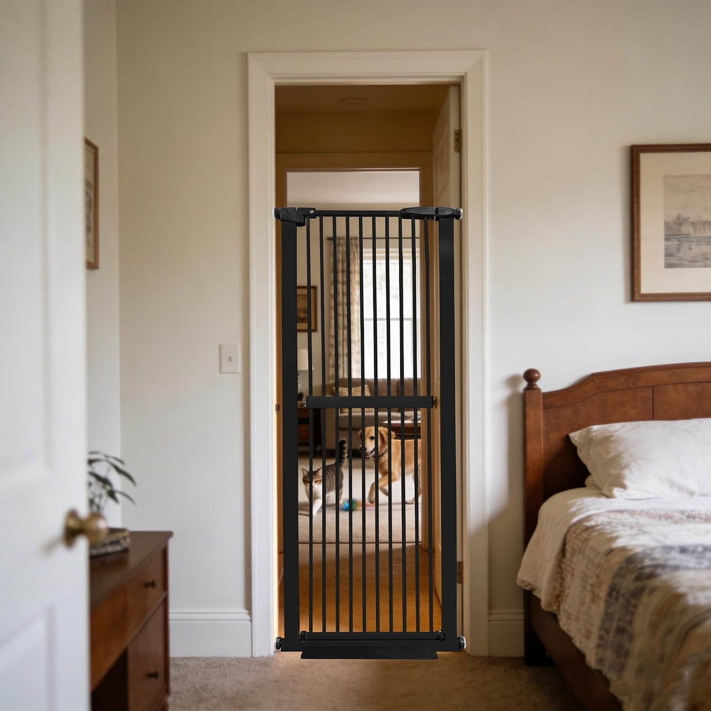 61.02" Extra Tall Pet Gate for Cat Dog 30.12"-59.24" Wide Black | Extra Tall Cat Gate for Doorway Hallway Stairs Pressure Mounted 1.37" Gap No Drilling Auto-Close Dual-Lock
