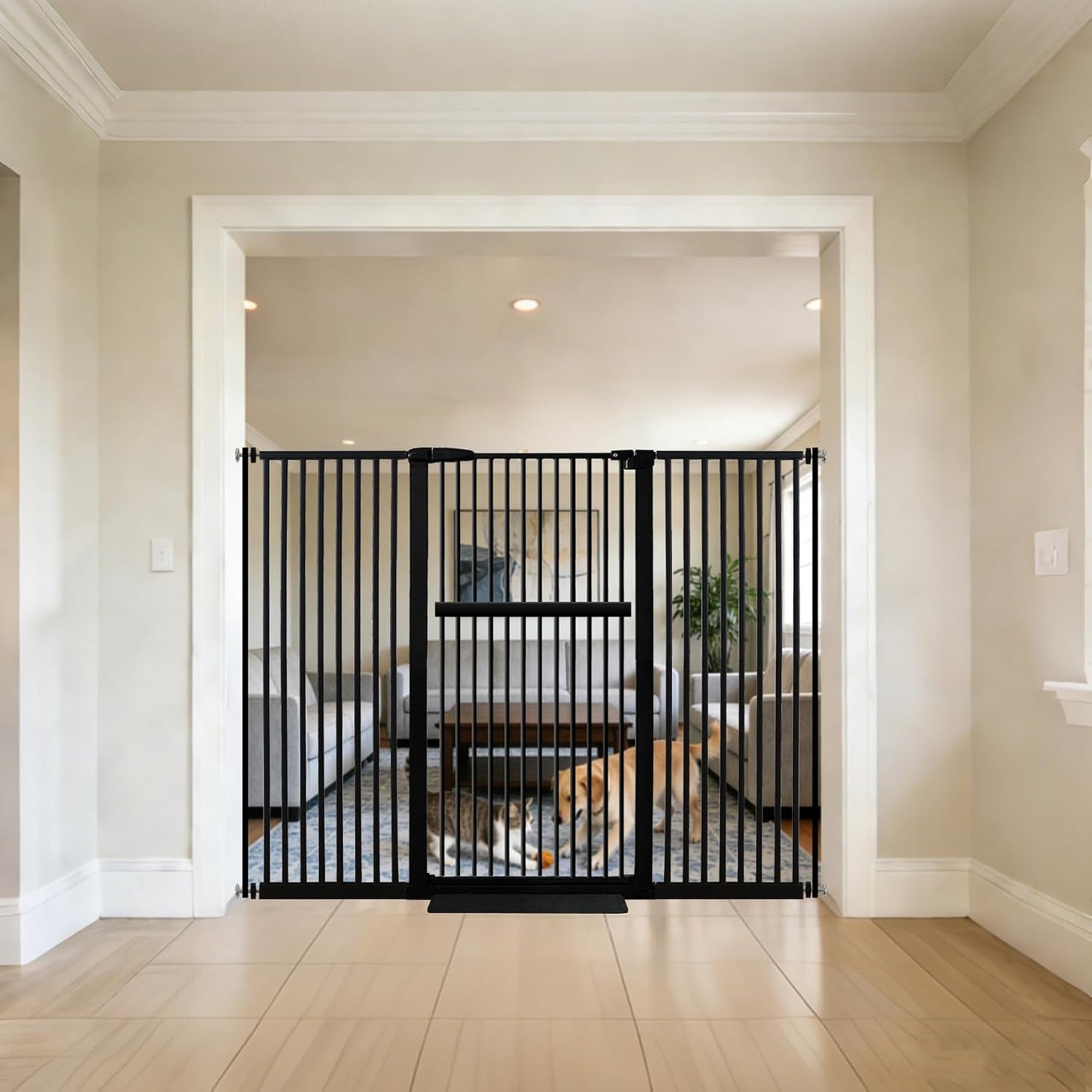 61.02" Extra Tall Pet Gate for Cat Dog 30.12"-59.24" Wide Black | Extra Tall Cat Gate for Doorway Hallway Stairs Pressure Mounted 1.37" Gap No Drilling Auto-Close Dual-Lock