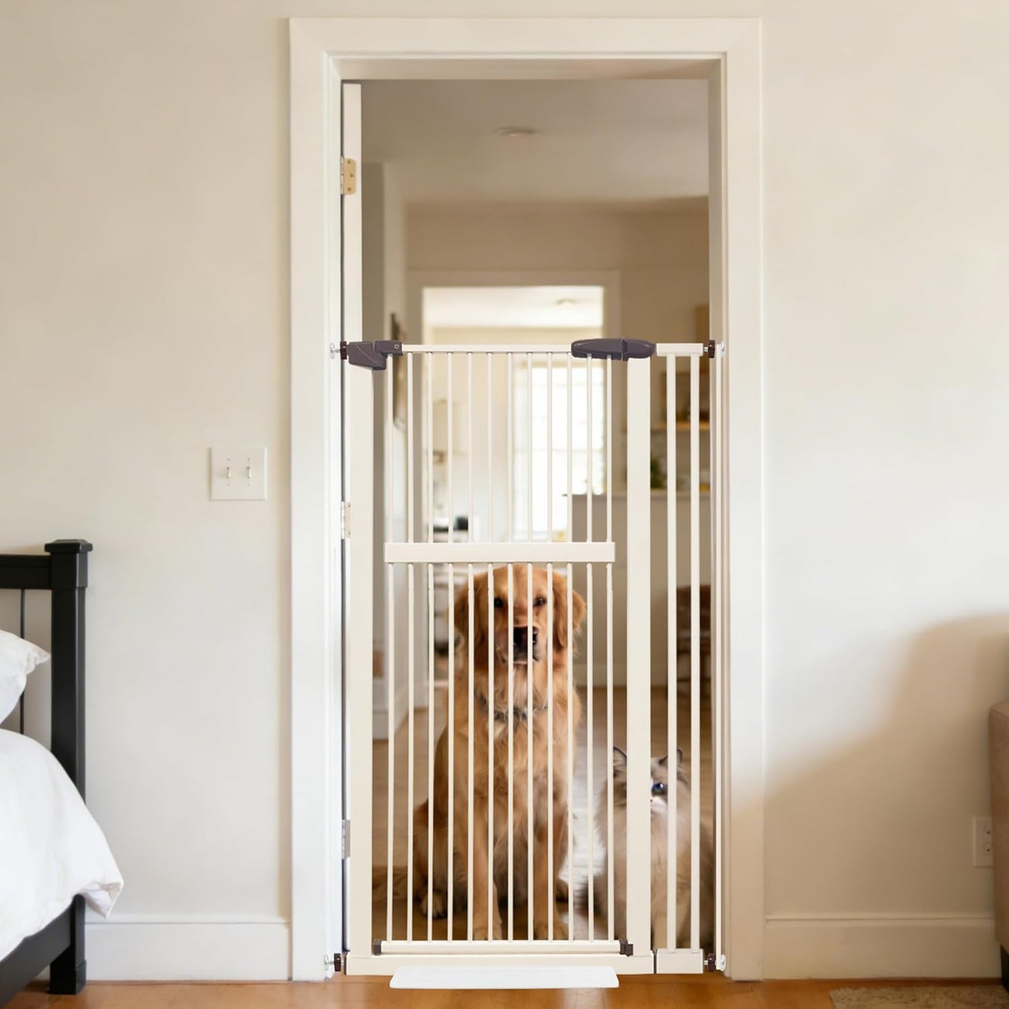 61.02" Extra Tall Pet Gate for Cat Dog 30.12"-59.24" Wide Black | Extra Tall Cat Gate for Doorway Hallway Stairs Pressure Mounted 1.37" Gap No Drilling Auto-Close Dual-Lock