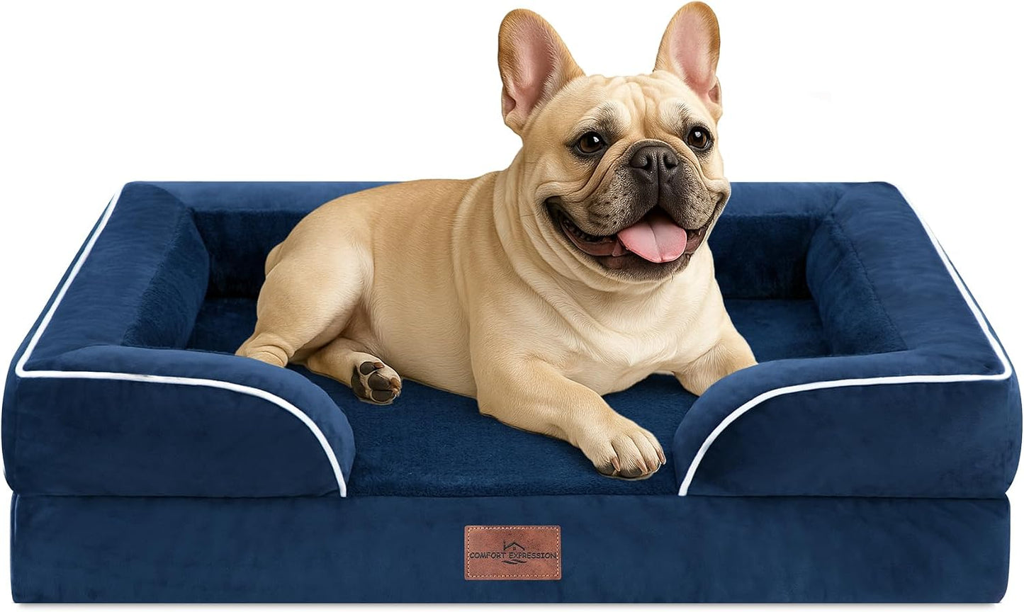 Comfort Expression Orthopedic Dog Bed for Extra Large Dogs with Bolster | Waterproof Dog Couch Bed with Washable Cover & Non-Slip Bottom, Supportive Egg Crate Foam XL Pet Bed, 42x30 Inch