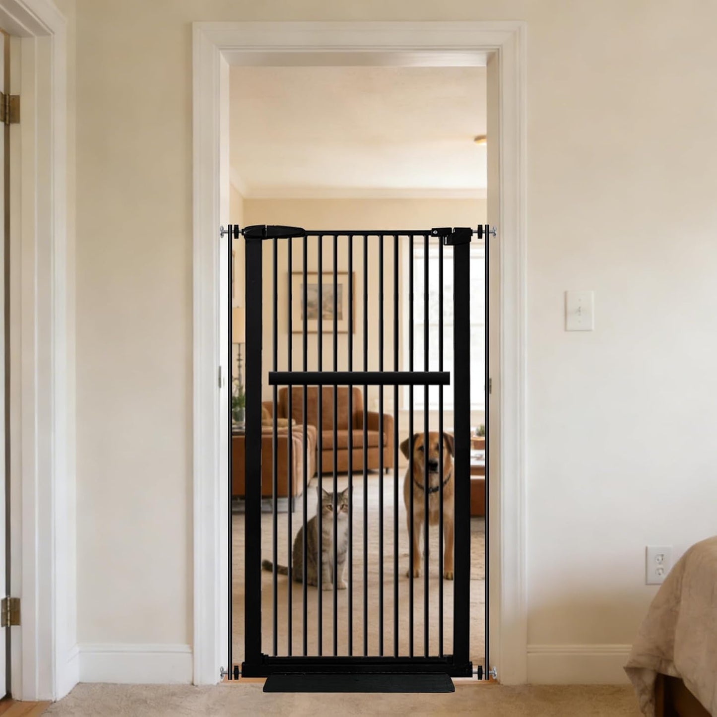 61.02" Extra Tall Pet Gate for Cat Dog 30.12"-59.24" Wide Black | Extra Tall Cat Gate for Doorway Hallway Stairs Pressure Mounted 1.37" Gap No Drilling Auto-Close Dual-Lock