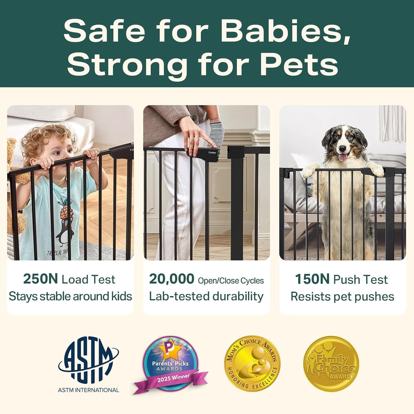 Cumbor 30-46" Baby Gate for Stairs, Auto Close Dog Gate for the House Black | Easy Install Pressure Mounted Pet Gates for Doorway, Dual Lock Indoor Safety Gate for Baby & Dog, Mom's Choice Awards Winner | Product image 7